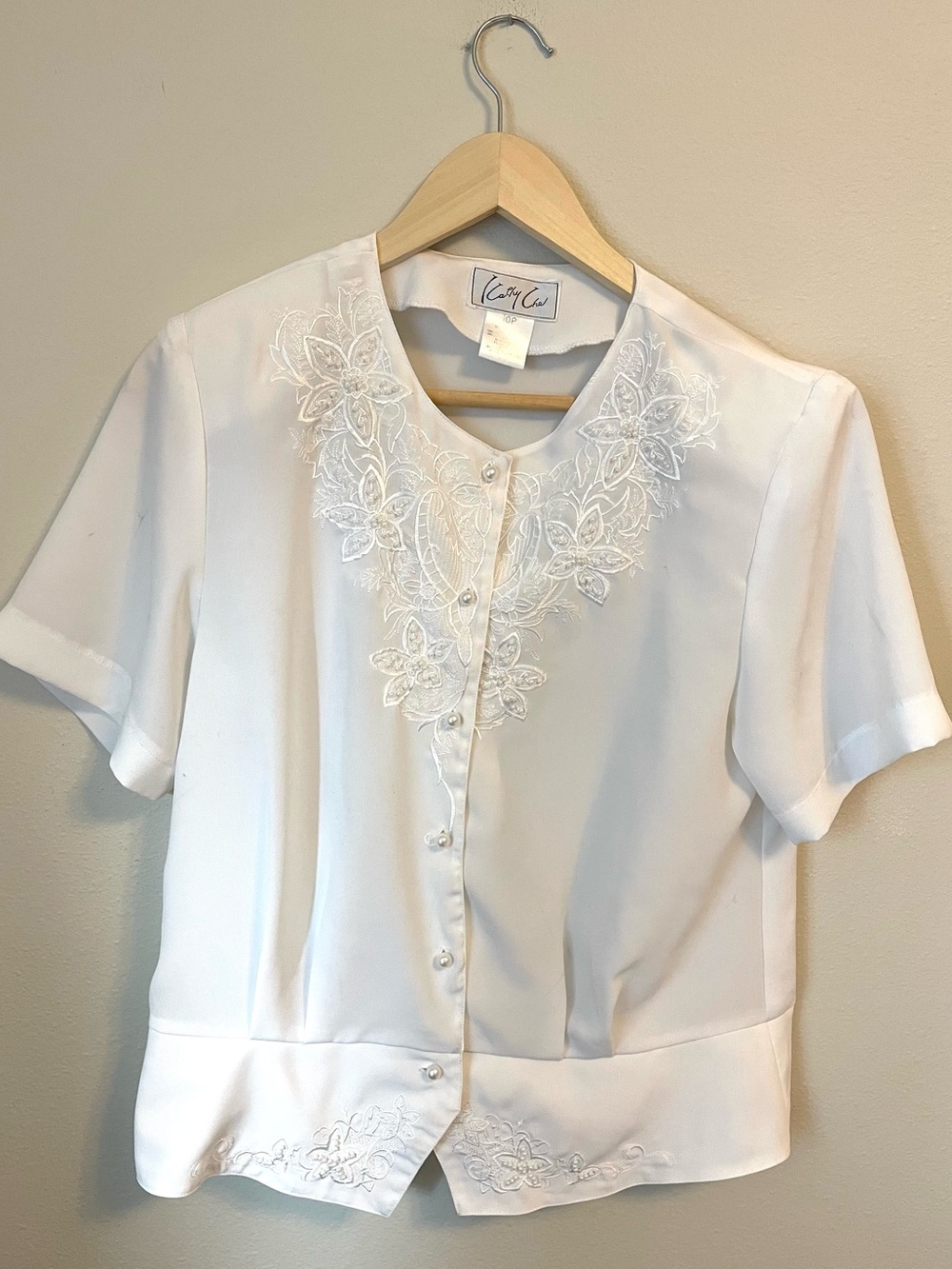Kathy Che - White Embroidered Blouse - Cottagecore Floral Lace - Size 10P
